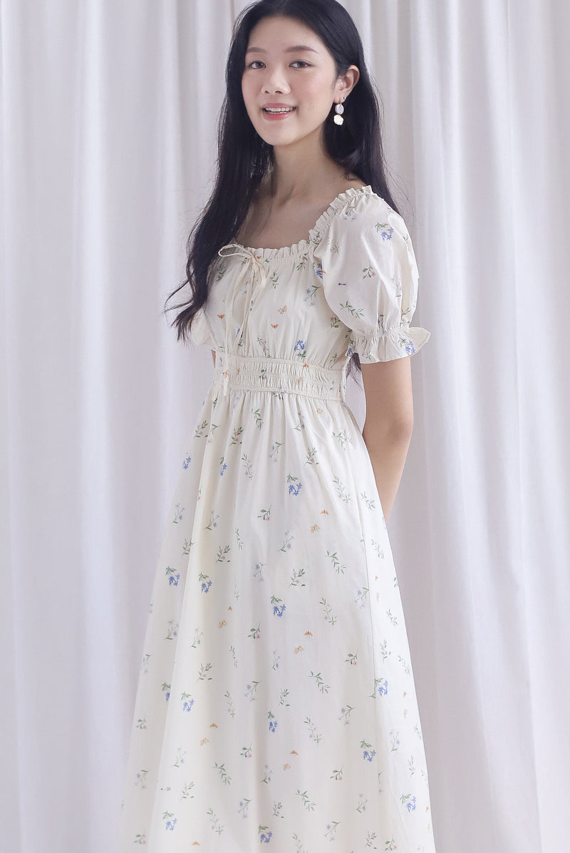 Laurent Tie Front Frill Neckline Puffy Sleeves Dress In Cream