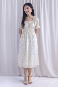 Laurent Tie Front Frill Neckline Puffy Sleeves Dress In Cream
