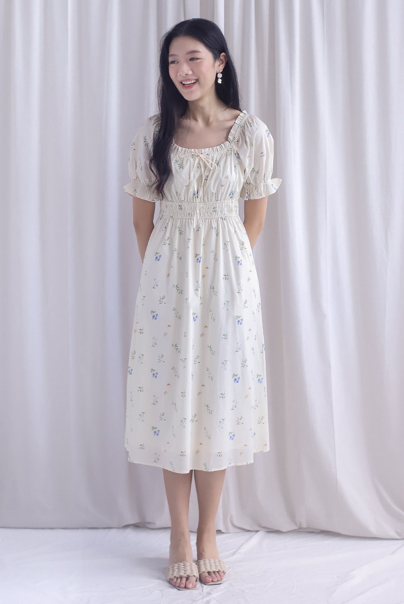 Laurent Tie Front Frill Neckline Puffy Sleeves Dress In Cream