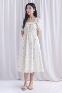 Laurent Tie Front Frill Neckline Puffy Sleeves Dress In Cream