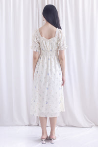 Laurent Tie Front Frill Neckline Puffy Sleeves Dress In Cream