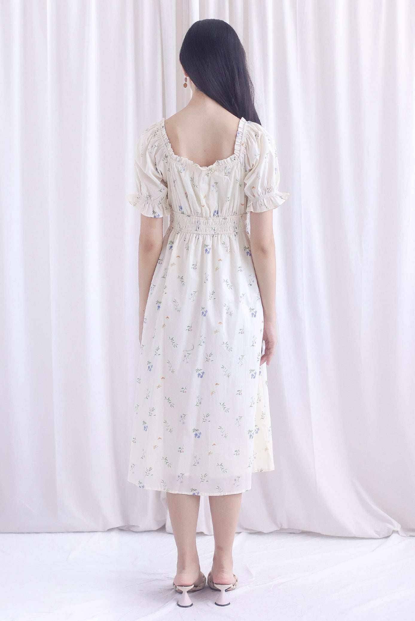 Laurent Tie Front Frill Neckline Puffy Sleeves Dress In Cream