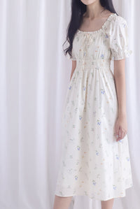 Laurent Tie Front Frill Neckline Puffy Sleeves Dress In Cream