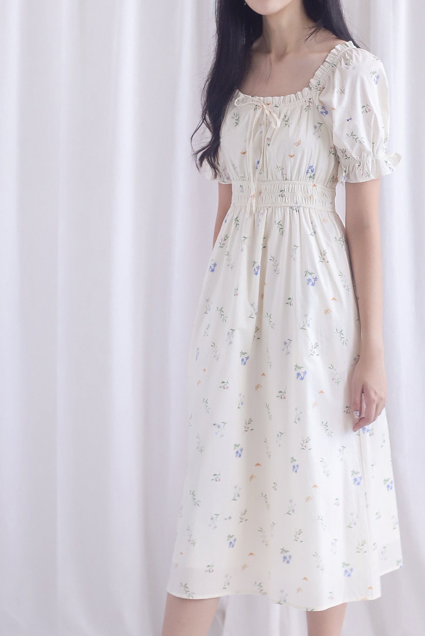 Laurent Tie Front Frill Neckline Puffy Sleeves Dress In Cream