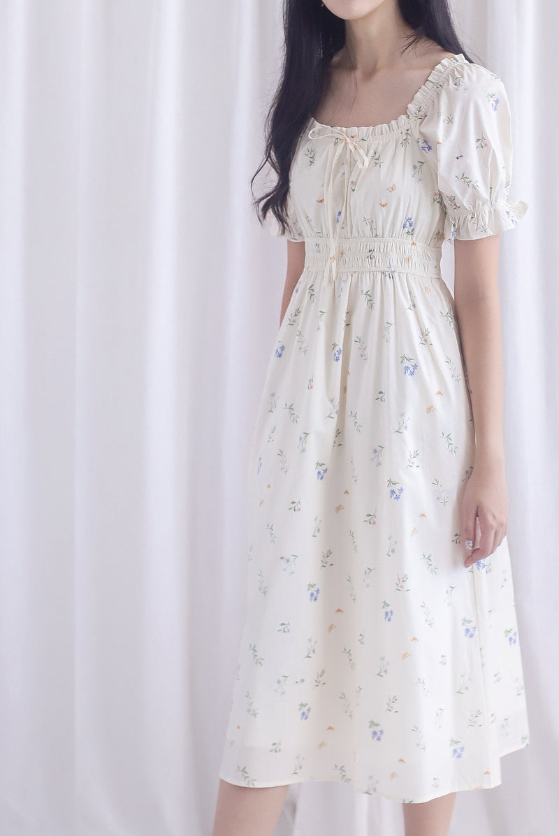 Laurent Tie Front Frill Neckline Puffy Sleeves Dress In Cream