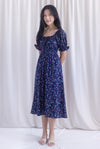 Laurent Tie Front Frill Neckline Puffy Sleeves Dress In Navy Blue