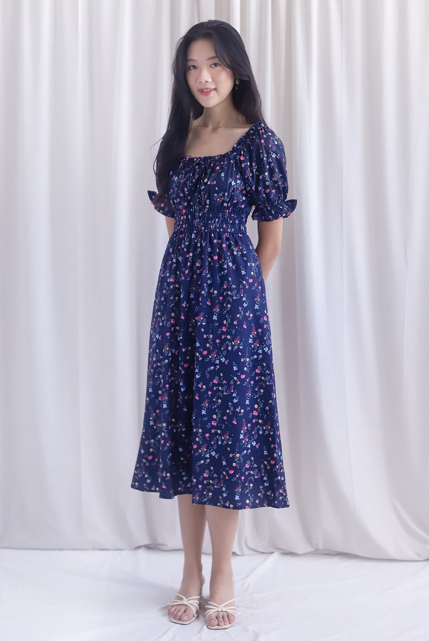 Laurent Tie Front Frill Neckline Puffy Sleeves Dress In Navy Blue