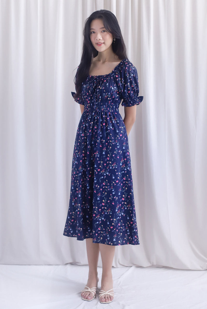 Laurent Tie Front Frill Neckline Puffy Sleeves Dress In Navy Blue