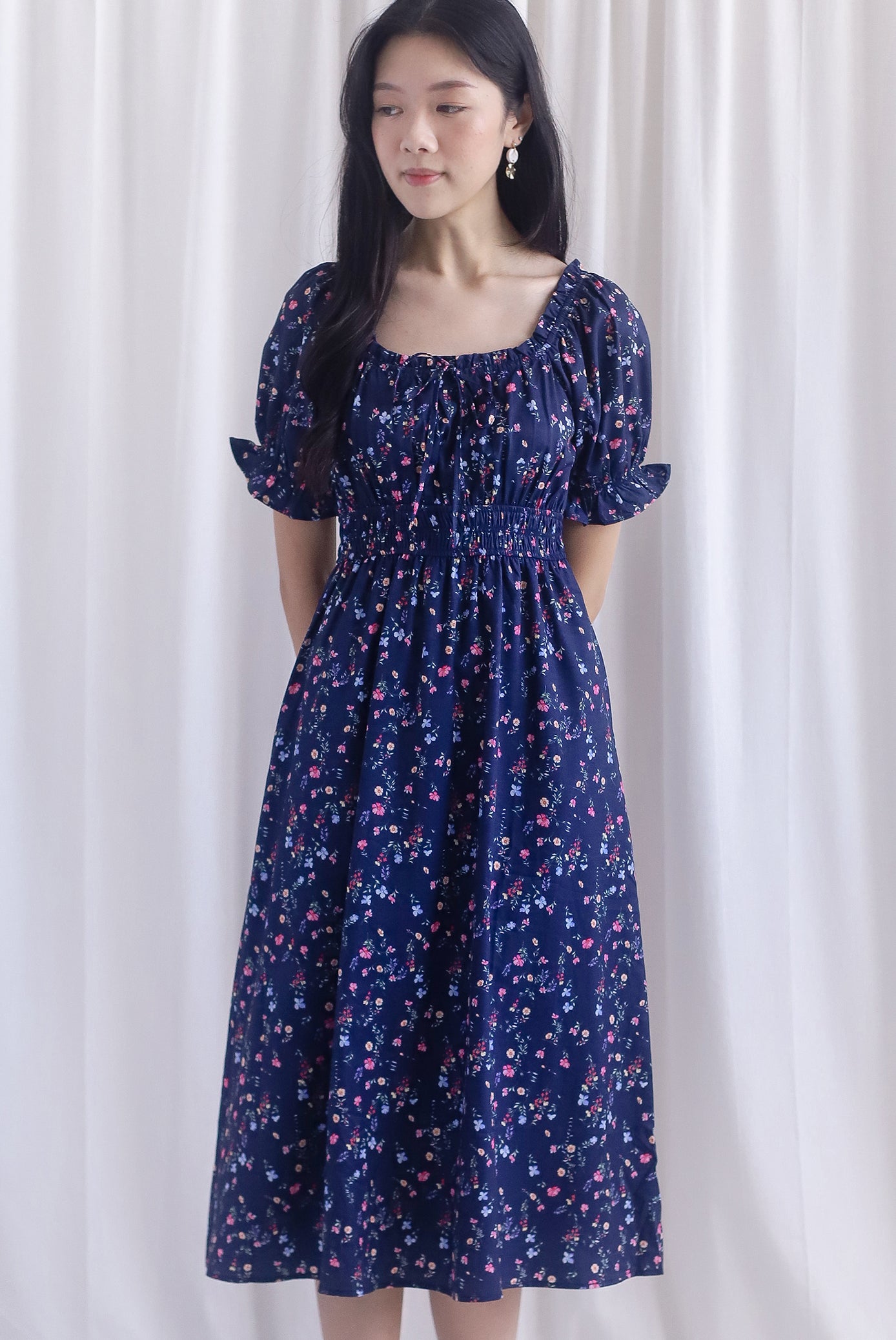 Laurent Tie Front Frill Neckline Puffy Sleeves Dress In Navy Blue