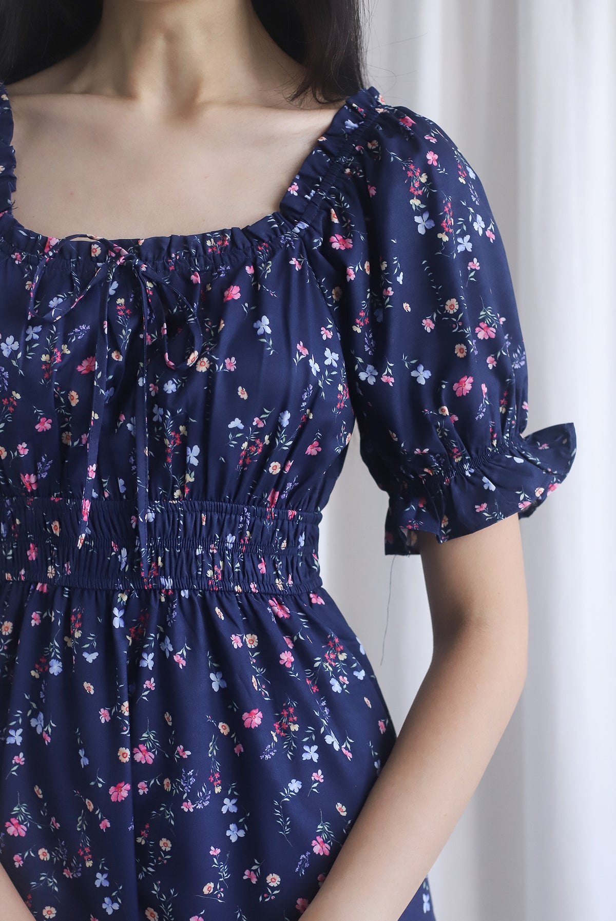Laurent Tie Front Frill Neckline Puffy Sleeves Dress In Navy Blue