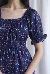 Laurent Tie Front Frill Neckline Puffy Sleeves Dress In Navy Blue