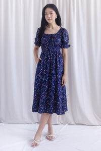 Laurent Tie Front Frill Neckline Puffy Sleeves Dress In Navy Blue