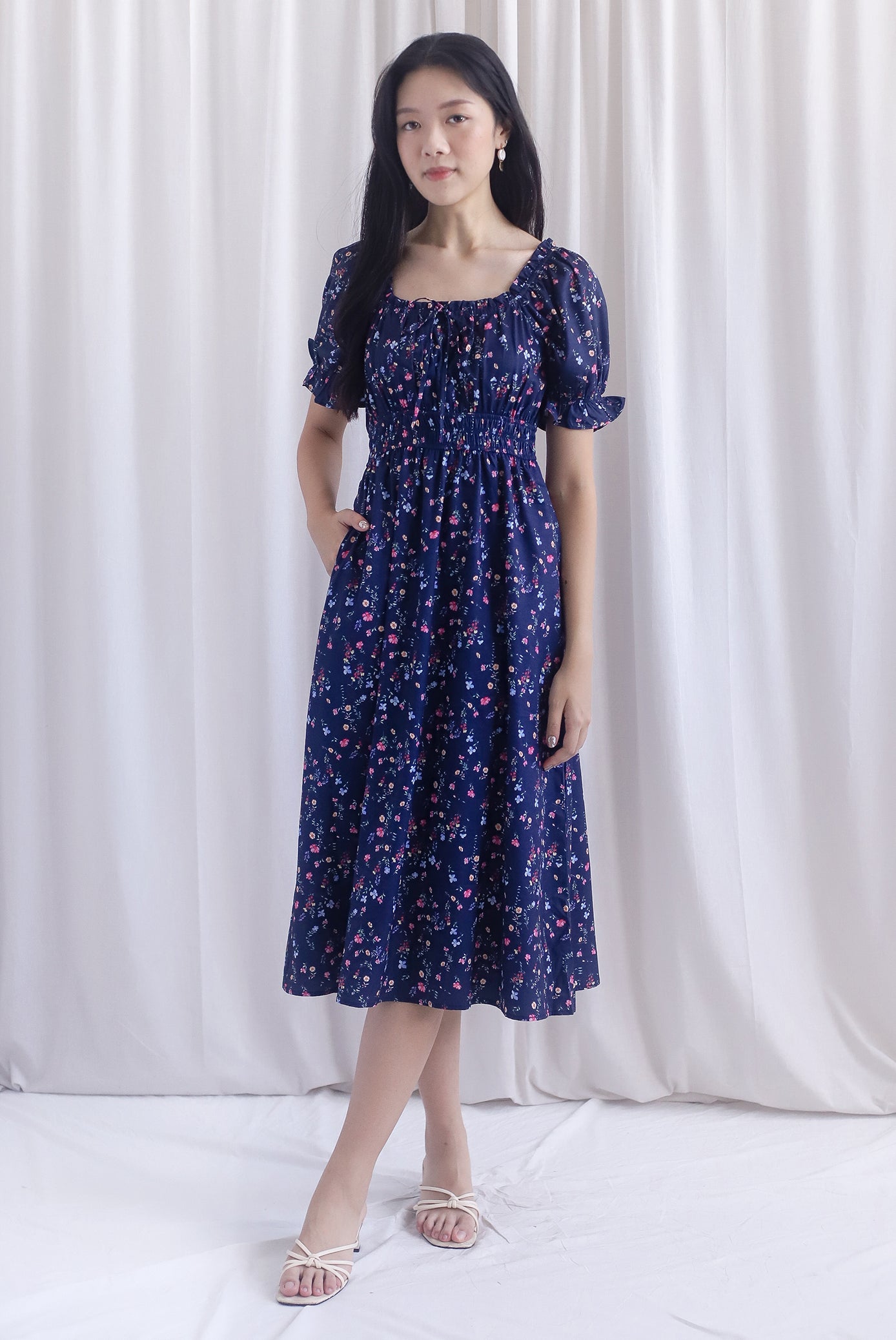 Laurent Tie Front Frill Neckline Puffy Sleeves Dress In Navy Blue
