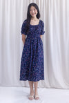 Laurent Tie Front Frill Neckline Puffy Sleeves Dress In Navy Blue