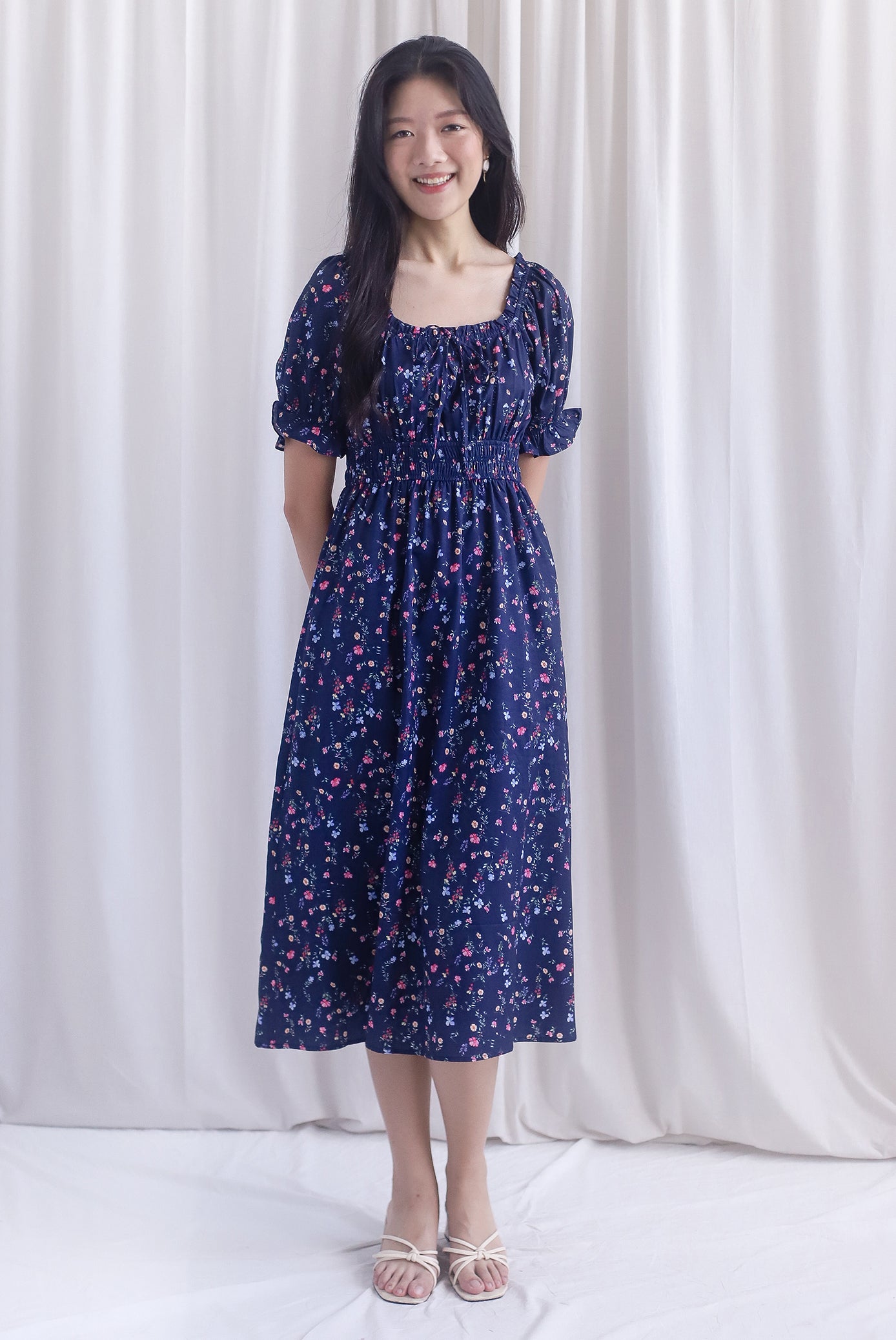 Laurent Tie Front Frill Neckline Puffy Sleeves Dress In Navy Blue