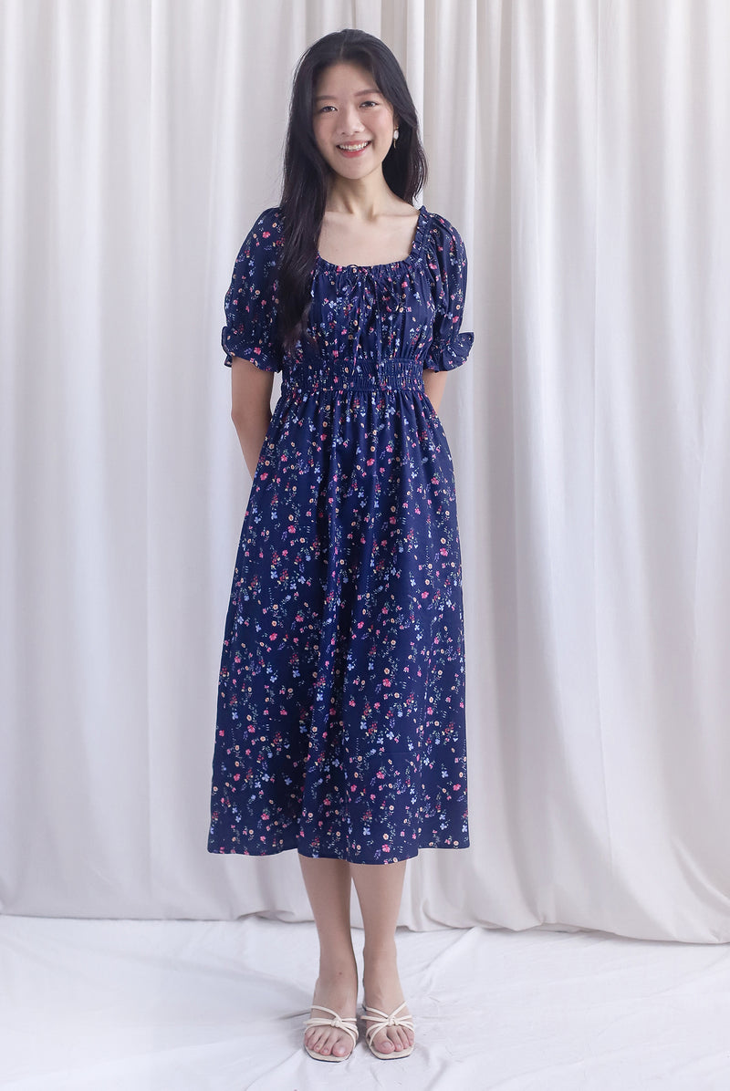Laurent Tie Front Frill Neckline Puffy Sleeves Dress In Navy Blue