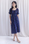 Laurent Tie Front Frill Neckline Puffy Sleeves Dress In Navy Blue