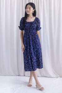 Laurent Tie Front Frill Neckline Puffy Sleeves Dress In Navy Blue