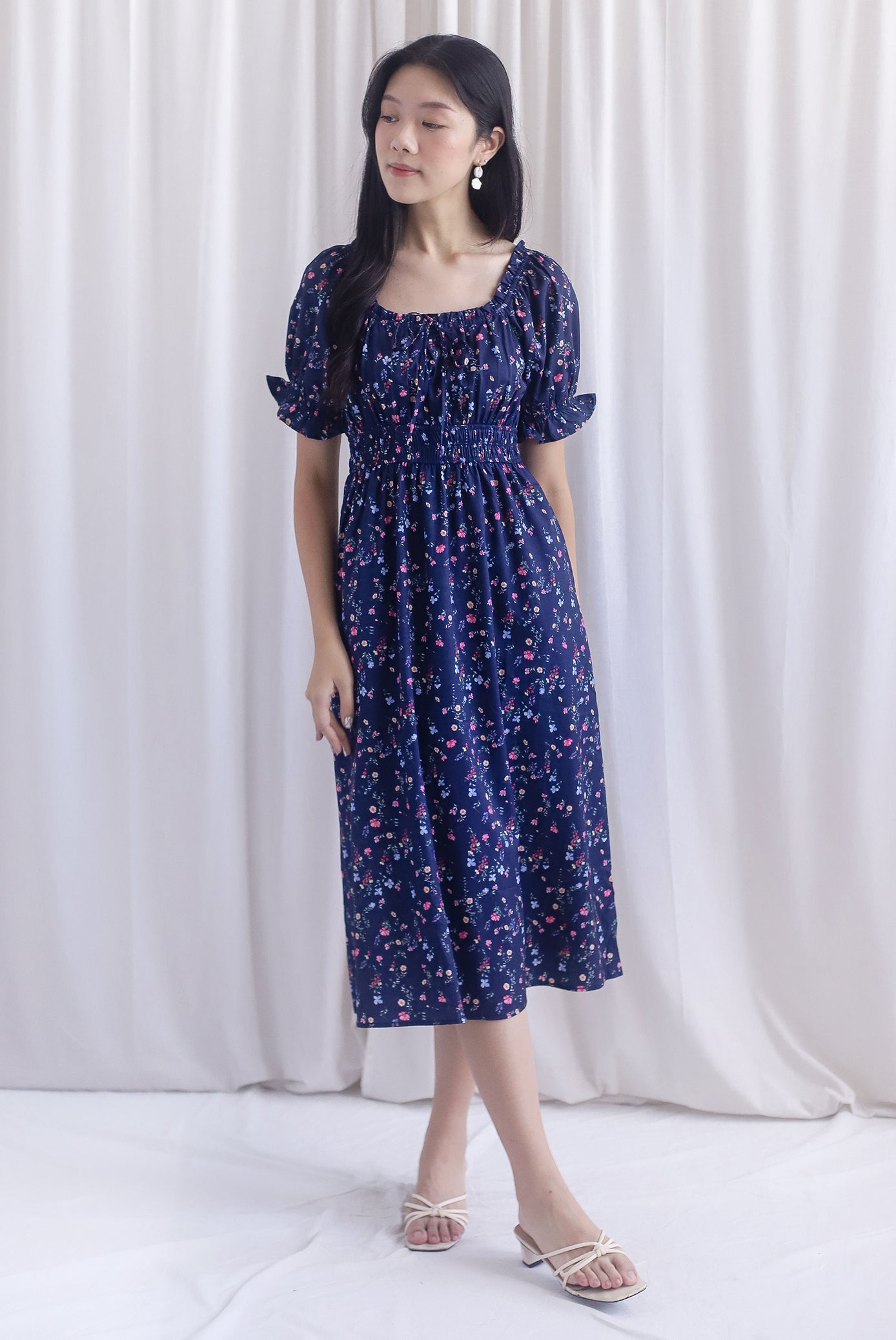 Laurent Tie Front Frill Neckline Puffy Sleeves Dress In Navy Blue