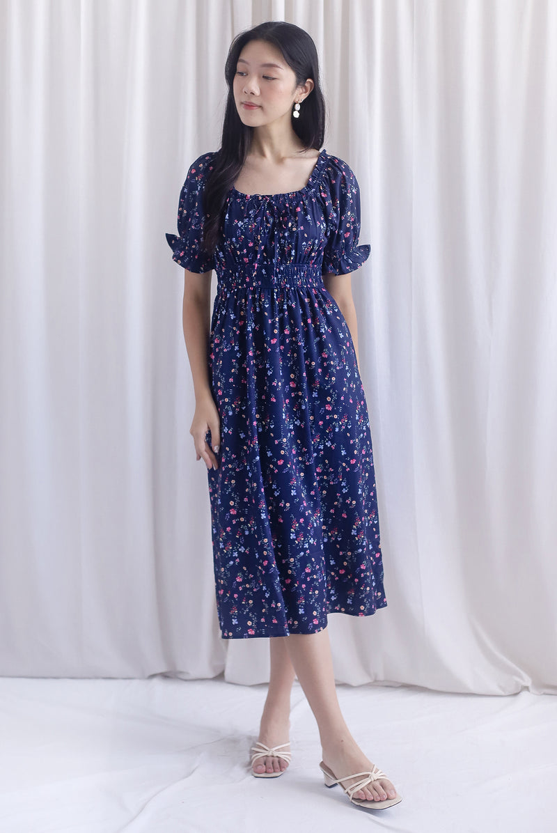 Laurent Tie Front Frill Neckline Puffy Sleeves Dress In Navy Blue