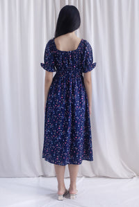Laurent Tie Front Frill Neckline Puffy Sleeves Dress In Navy Blue