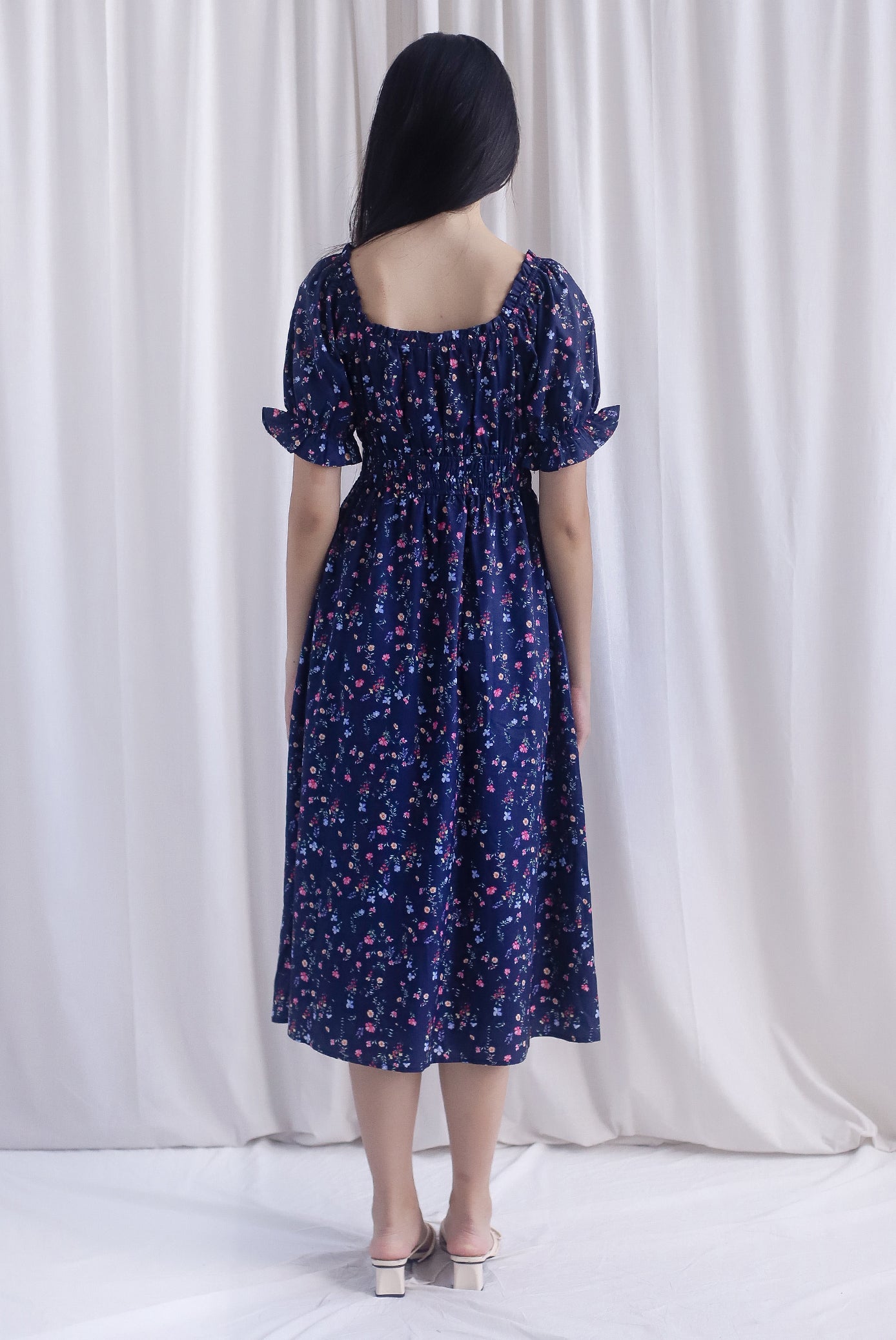 Laurent Tie Front Frill Neckline Puffy Sleeves Dress In Navy Blue