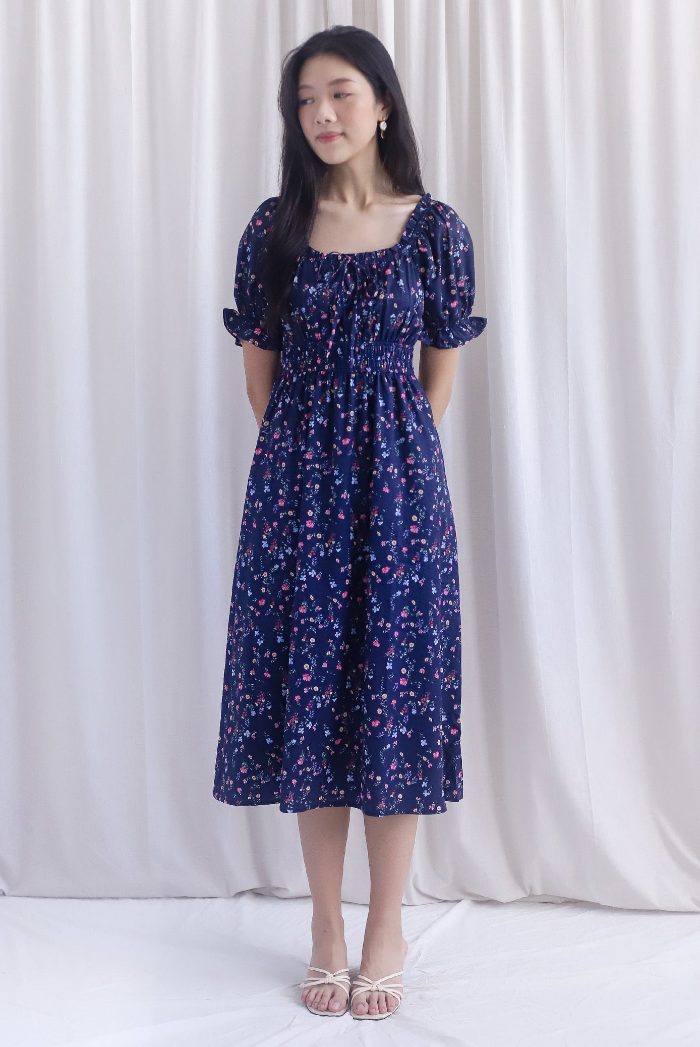 Laurent Tie Front Frill Neckline Puffy Sleeves Dress In Navy Blue