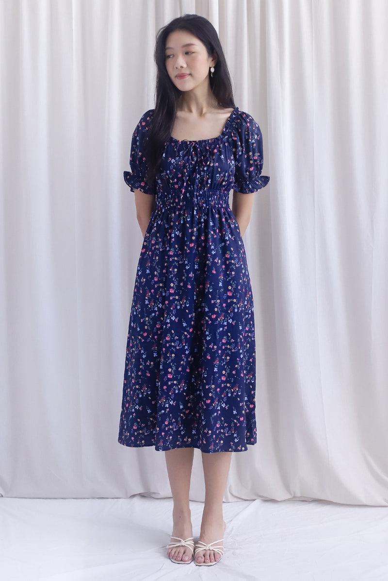 Laurent Tie Front Frill Neckline Puffy Sleeves Dress In Navy Blue