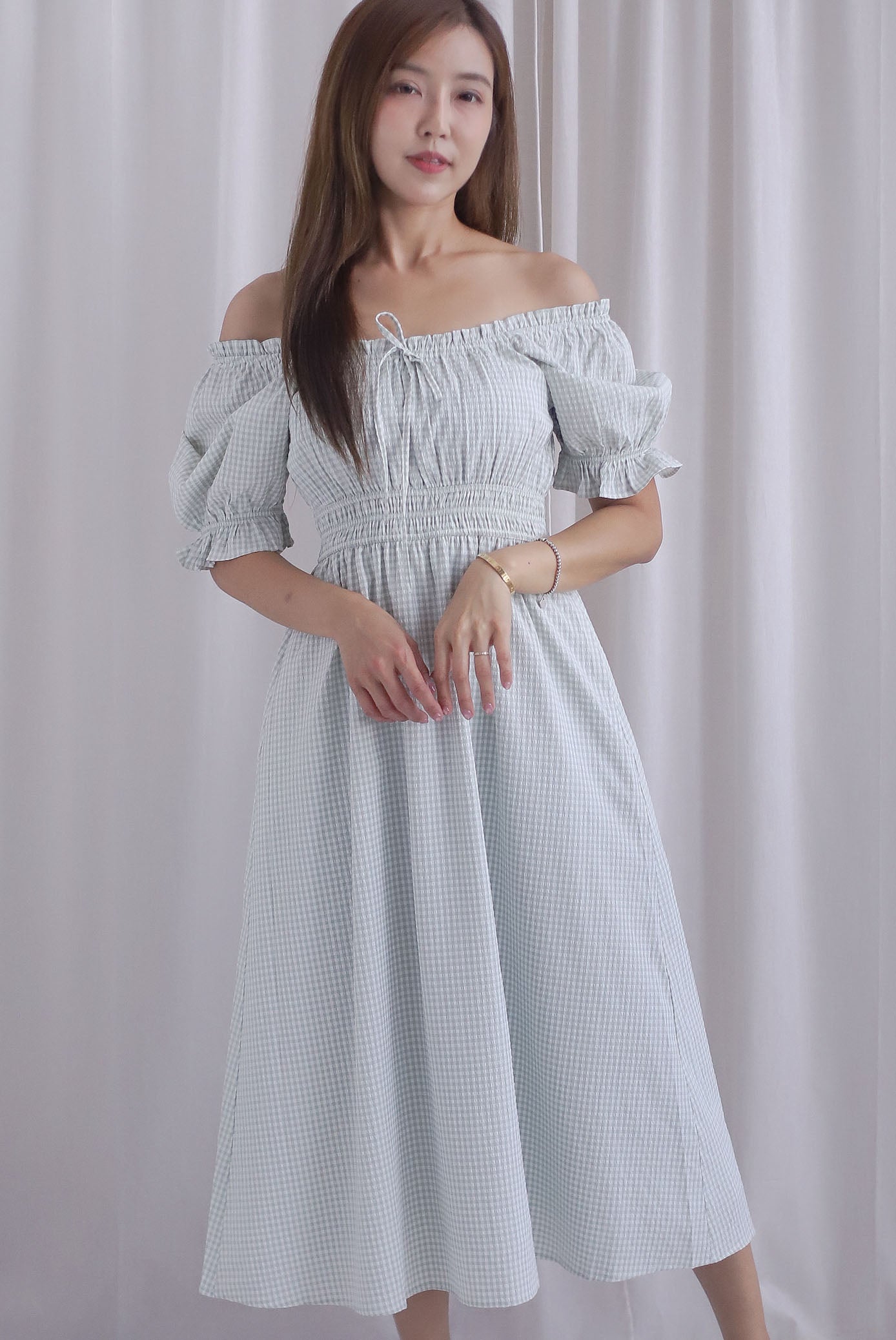 Laurent Tie Front Frill Neckline Puffy Sleeves Dress In Sage Gingham
