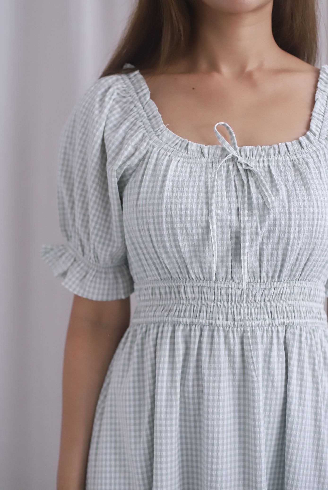 Laurent Tie Front Frill Neckline Puffy Sleeves Dress In Sage Gingham