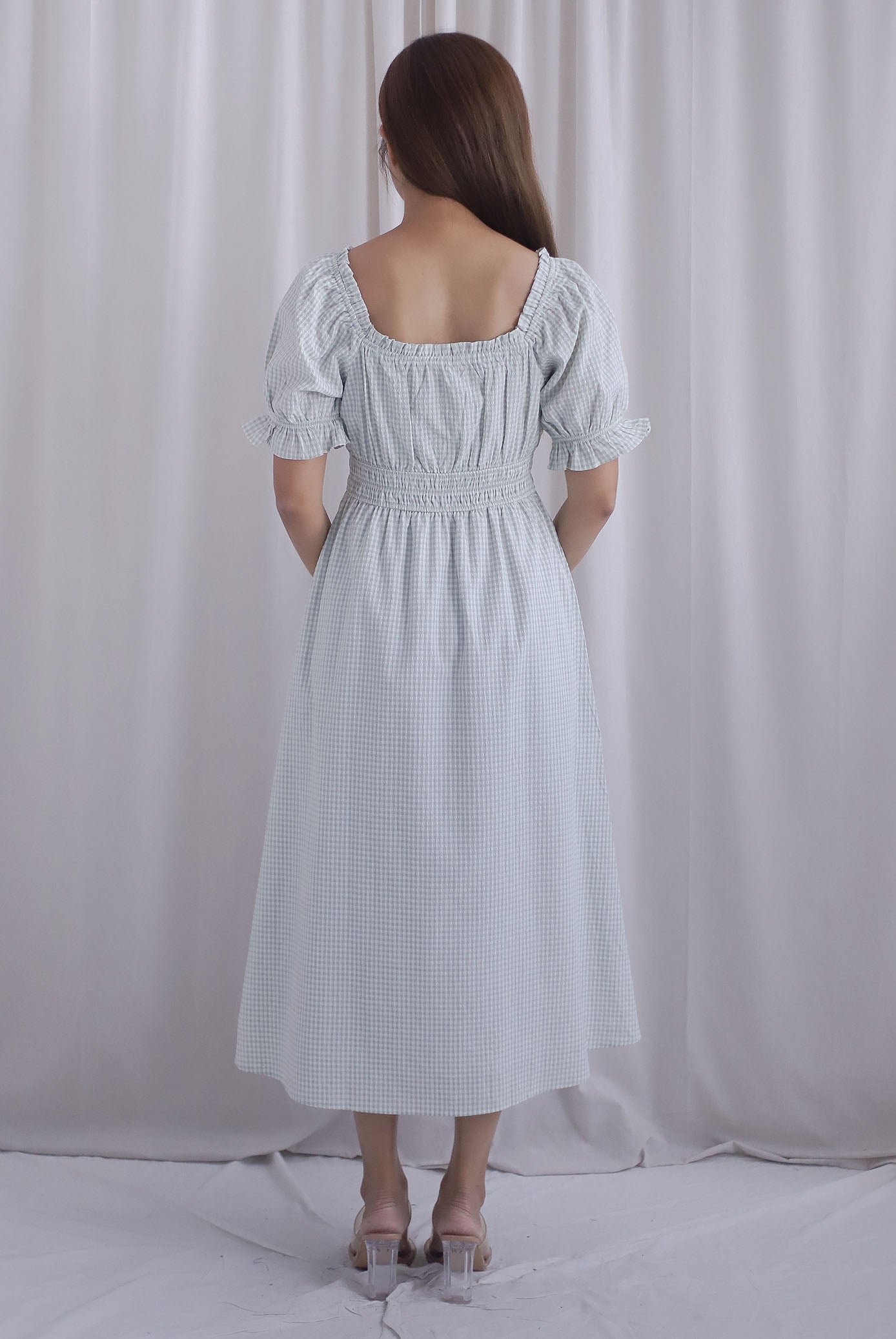 Laurent Tie Front Frill Neckline Puffy Sleeves Dress In Sage Gingham