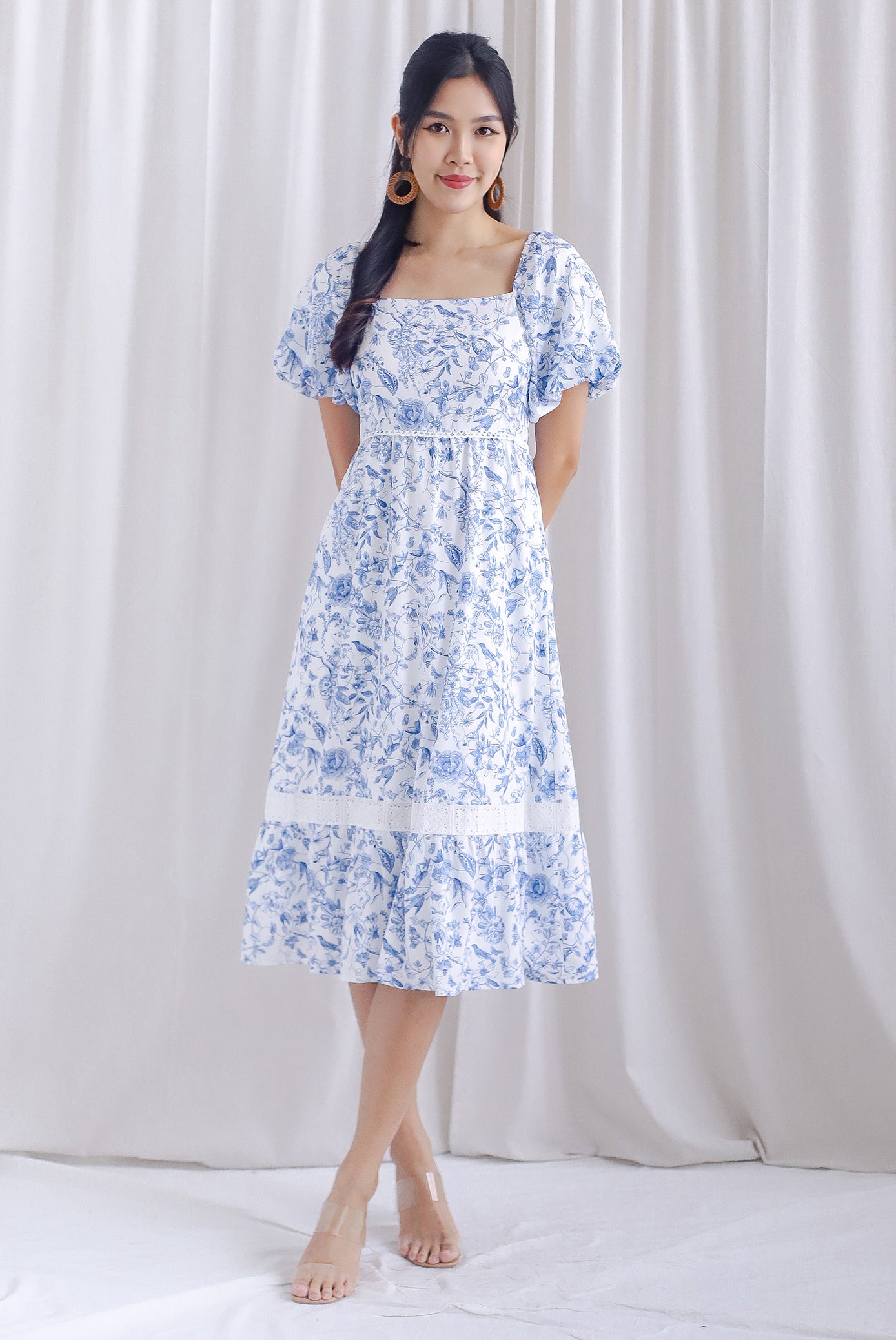 Laurice Porelain Lattice Insert Puffy Sleeve Midi Dress In White/Blue