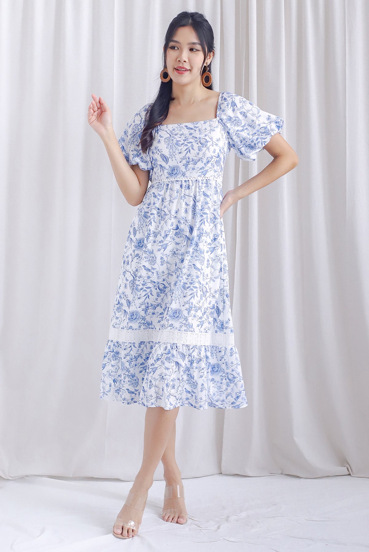 Laurice Porelain Lattice Insert Puffy Sleeve Midi Dress In White/Blue ...
