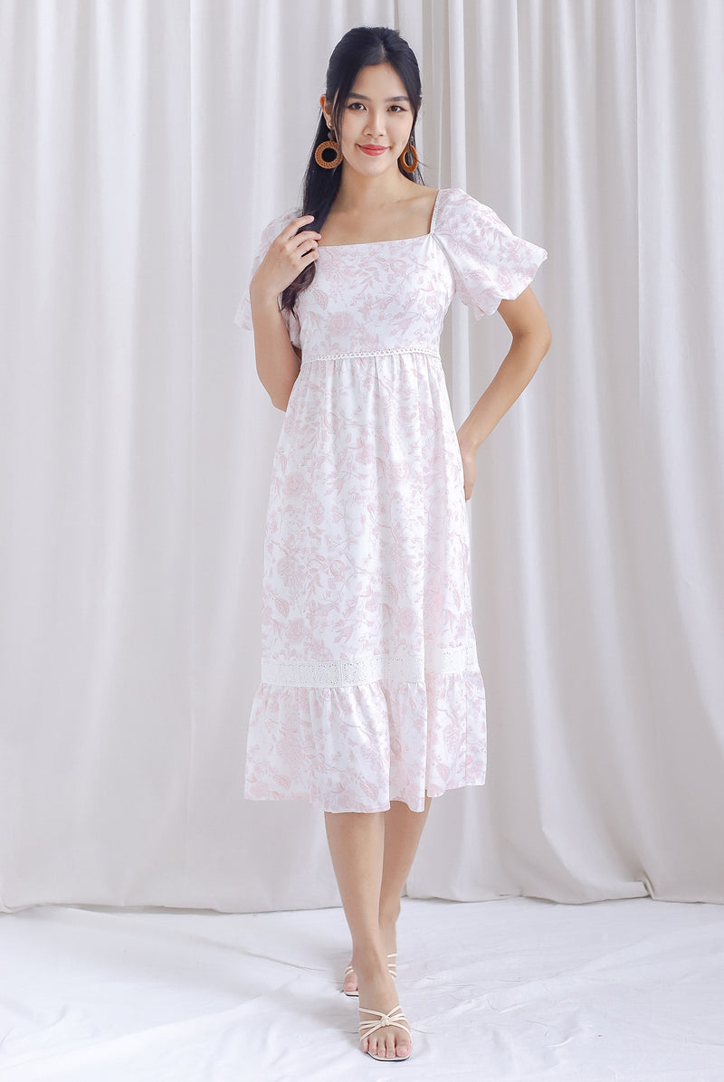 Laurice Porelain Lattice Insert Puffy Sleeve Midi Dress In White/Pink