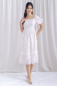 Laurice Porelain Lattice Insert Puffy Sleeve Midi Dress In White/Pink