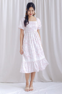Laurice Porelain Lattice Insert Puffy Sleeve Midi Dress In White/Pink