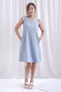 Leonor V Neck Seam Sash Dress In Steel Blue