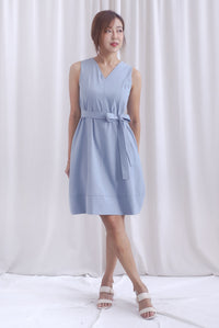 Leonor V Neck Seam Sash Dress In Steel Blue