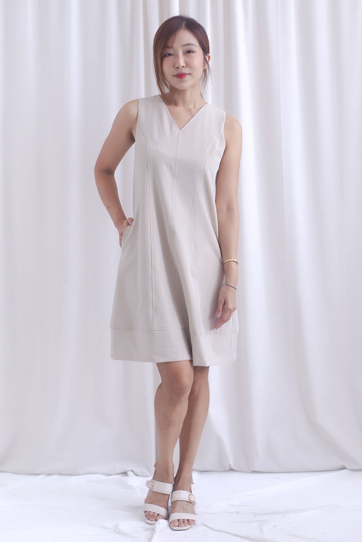 Leonor V Neck Seam Sash Dress In Ecru