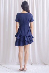 Lindea Asymm Tiered Sleeve Dress In Navy Blue