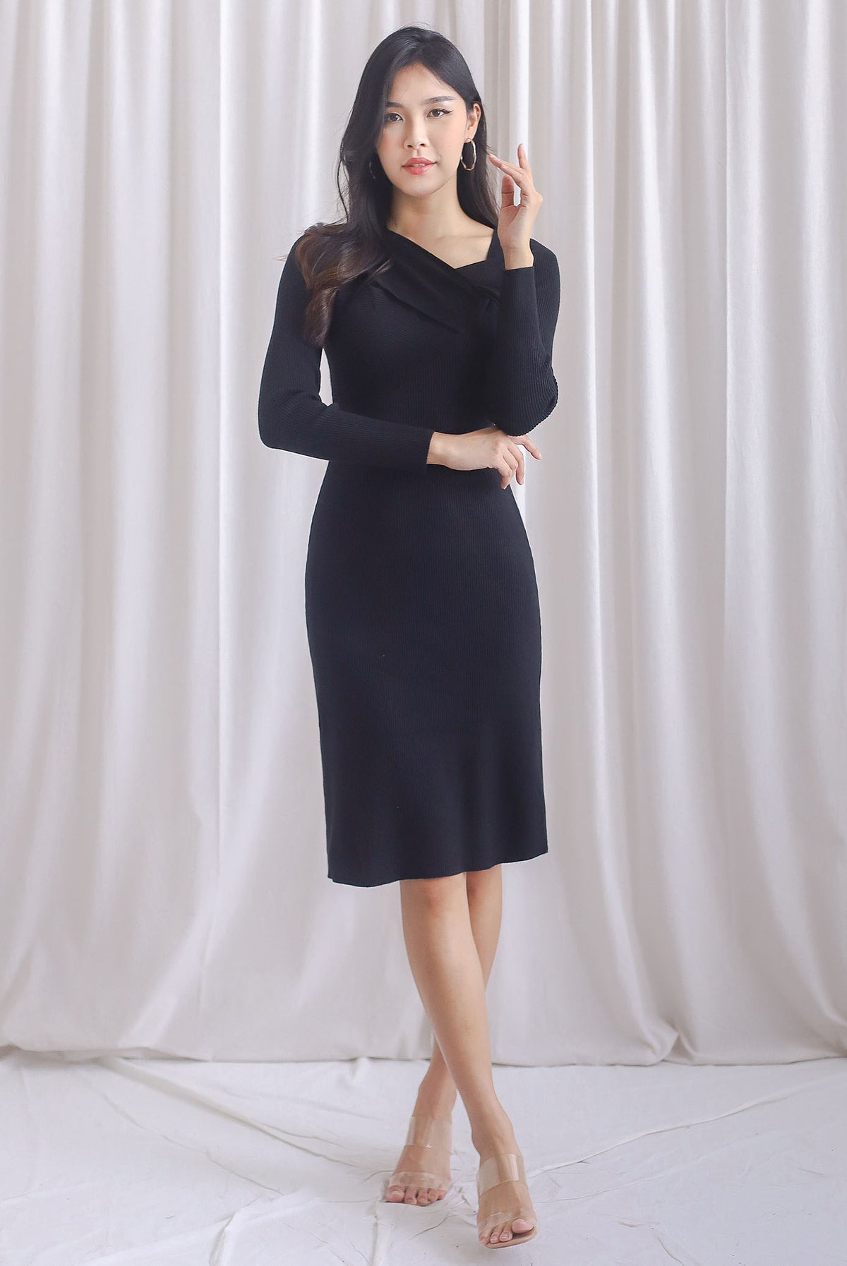 Loreen Asymm Origami Knit Dress In Black