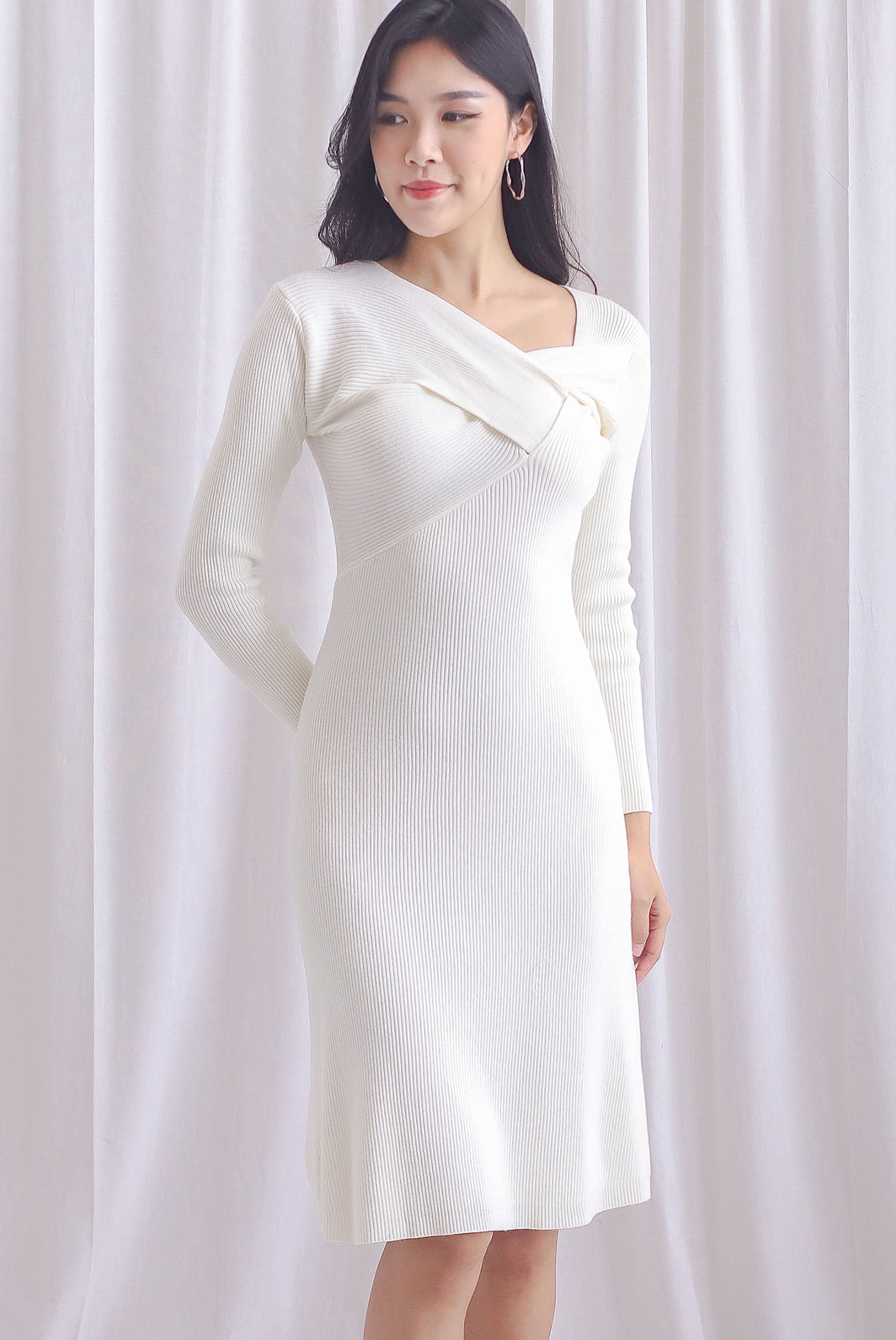 Loreen Asymm Origami Knit Dress In Cream