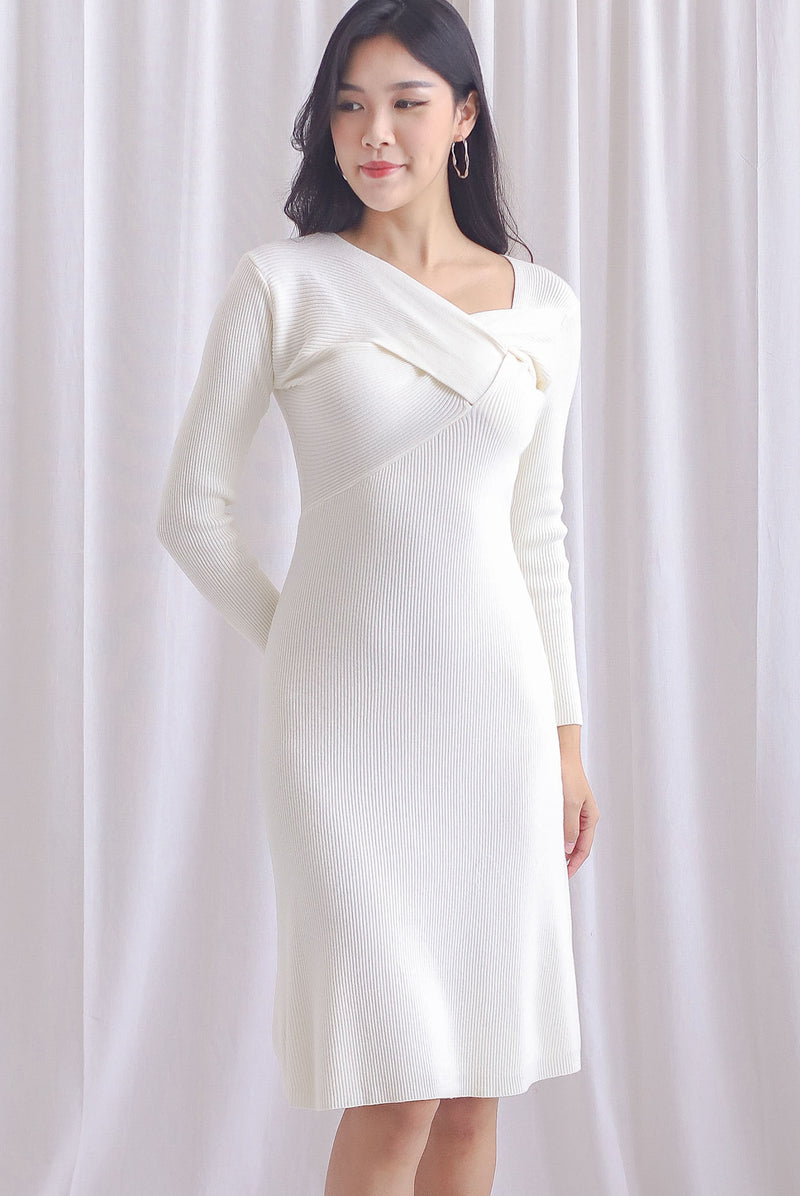 Loreen Asymm Origami Knit Dress In Cream