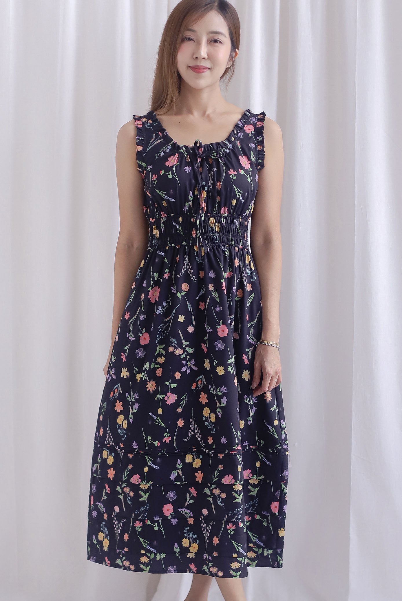 Lowery Frill Sleeveless Pintuck Maxi Dress In Black Floral