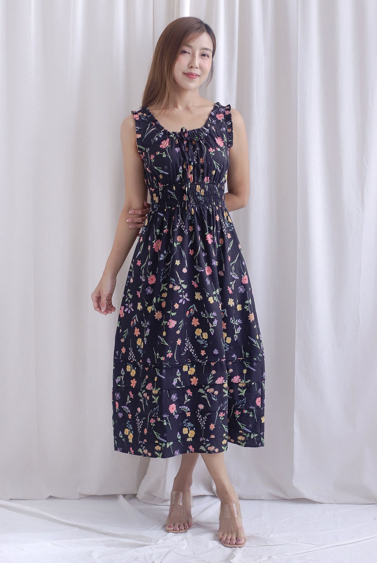Lowery Frill Sleeveless Pintuck Maxi Dress In Black Floral