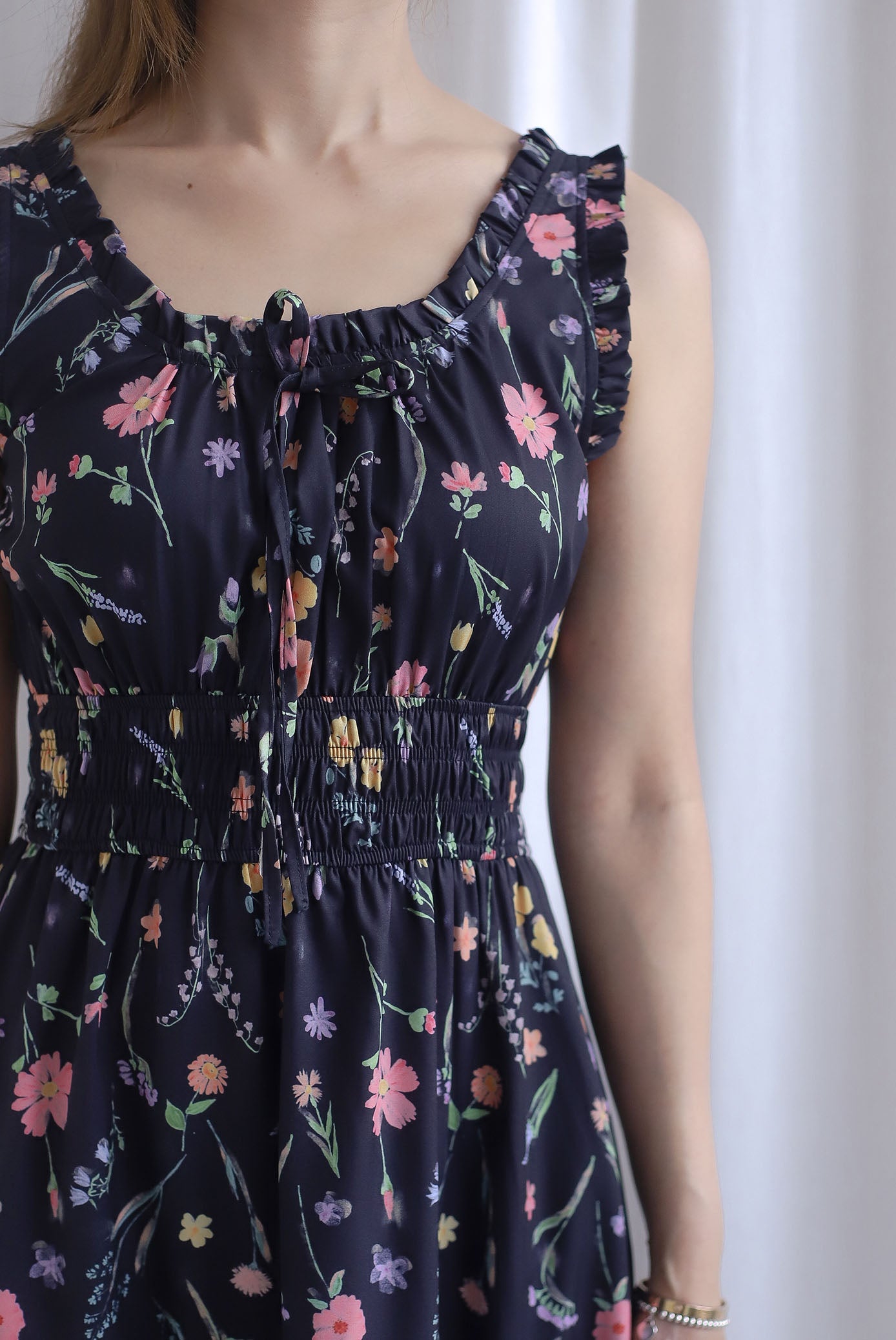 Lowery Frill Sleeveless Pintuck Maxi Dress In Black Floral