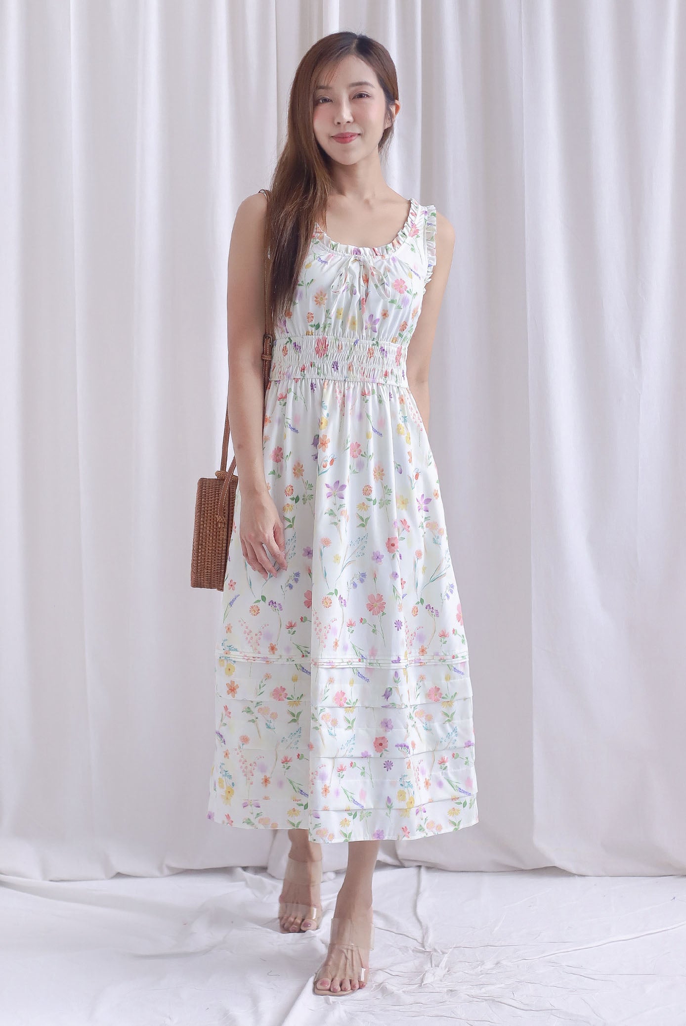 Lowery Frill Sleeveless Pintuck Maxi Dress In White Floral
