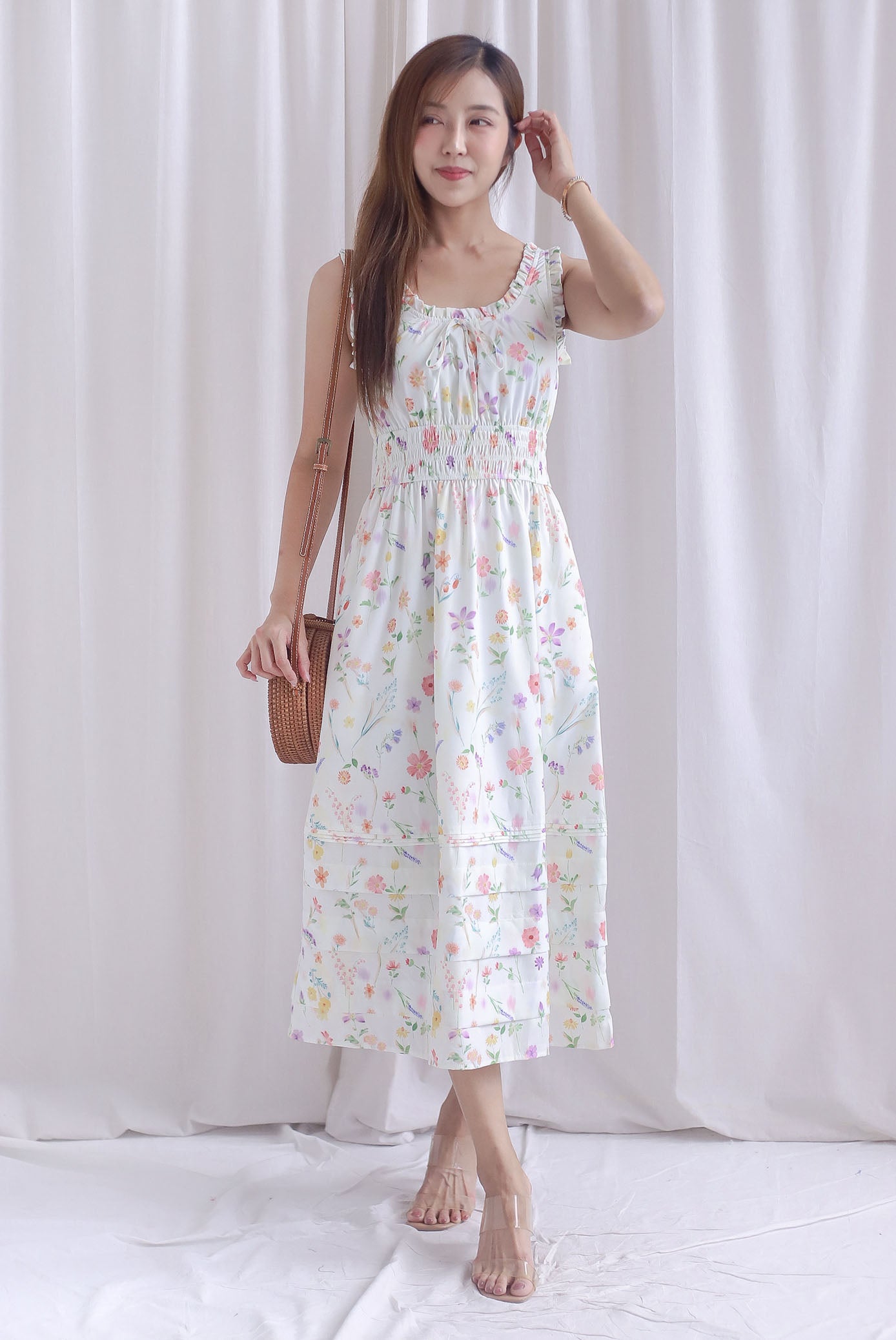 Lowery Frill Sleeveless Pintuck Maxi Dress In White Floral