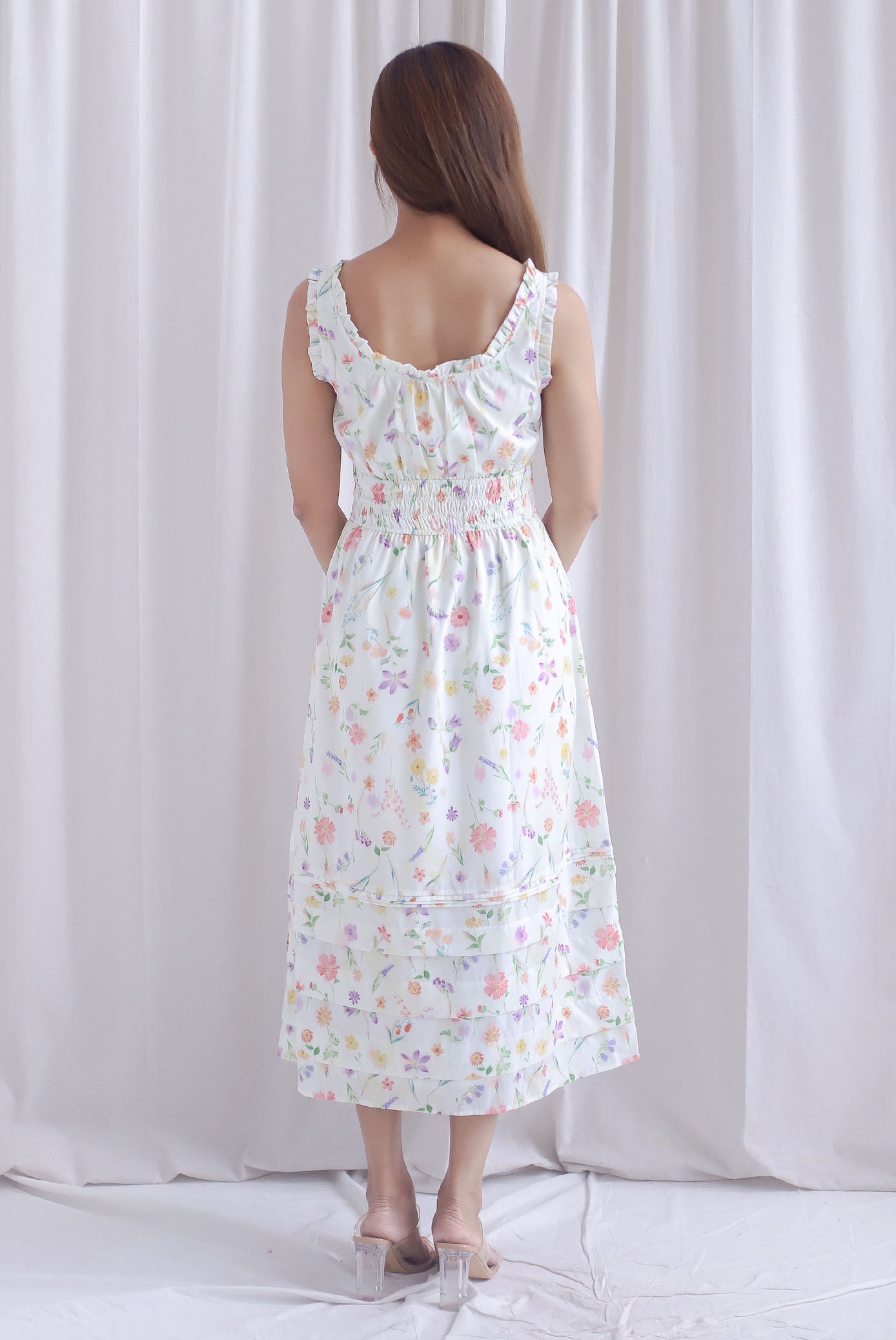 Lowery Frill Sleeveless Pintuck Maxi Dress In White Floral