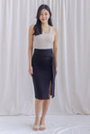 Luna Ruched Slit Pencil Skirt In Black